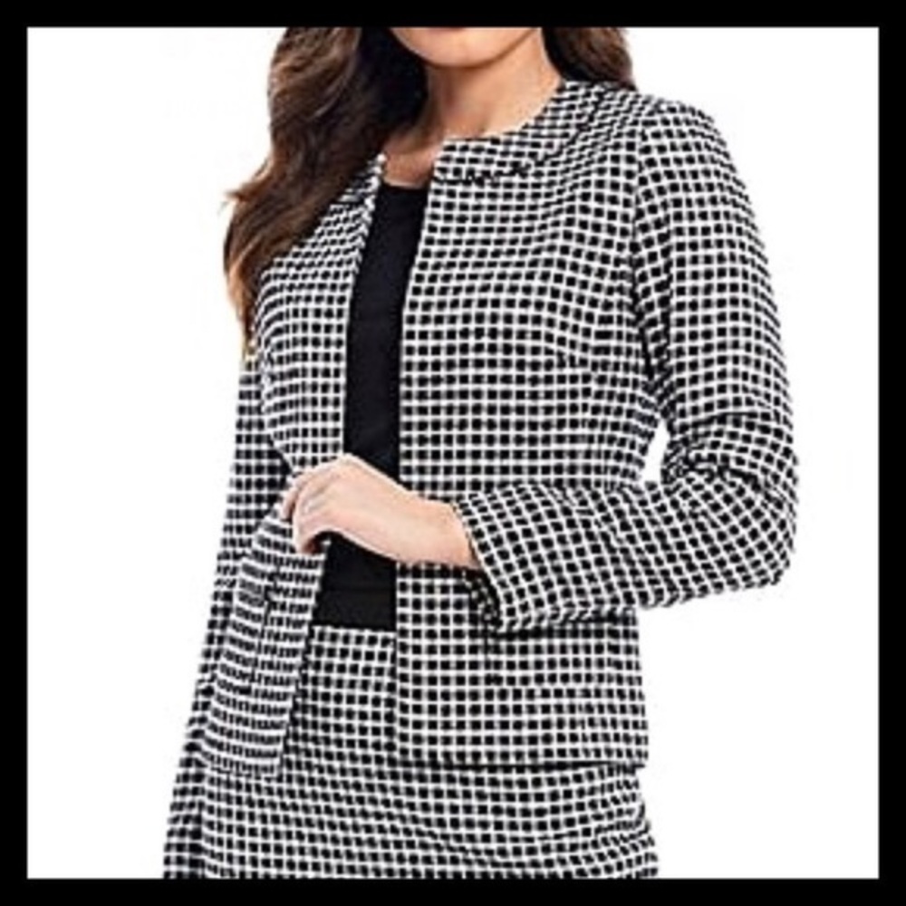 PRESTON & YORK Houndstooth Monochrome Open Blazer Rhinestone Detail